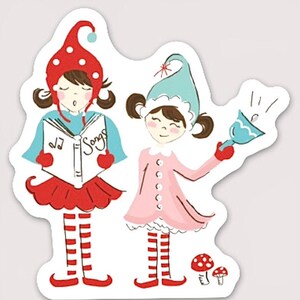 May include: Two cartoon elves, one holding a book with the word "Songs" on the cover and the other ringing a bell. Both elves are wearing red and white striped stockings and have red and white mushroom decorations on the ground.