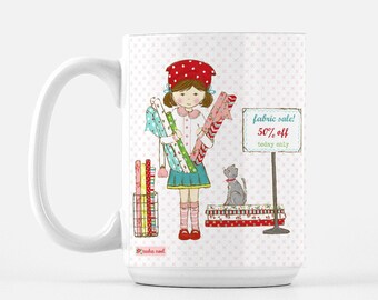Fabric Shopping Quilting Mug - 15 oz, Fabric Sewing Cat coffee mug, Quilting Mug