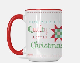 Quilting Block Christmas Mug, Holiday Quilt Coffee Mug, Teacher Gift Hot Cocoa Mug 15 oz Large Mug