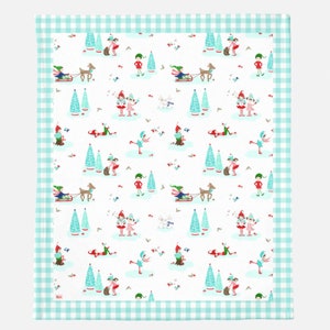 Christmas Minky Throw Blanket 60" X 80" Aqua Gingham- Pixie Noel - Winter Blanket