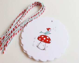 Little Bird Scalloped Tags - No Twine - Gift Tag, Mushroom Woodland Gift Tag Card