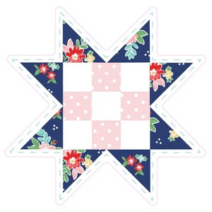 May include: A blue and pink patchwork star with a white background. The star is made of fabric with floral and polka dot patterns.