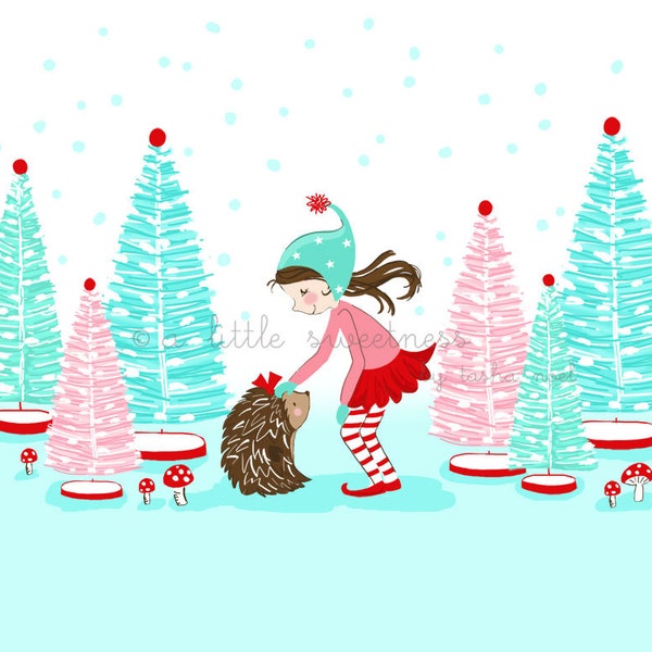 Joyful Friend Christmas Winter Illustration, Elf Art, Gnome Winter Wall Art