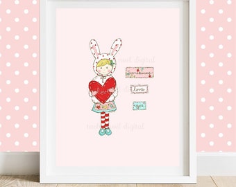 Valentine bunny love printable wall art 8 x 10, love art, tasha noel printable, children's illustration, valentine, love art