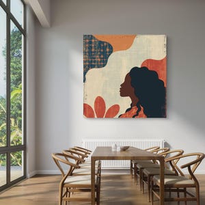 May include: Abstract art print featuring a woman's silhouette with long dark hair, set against a background of geometric shapes in shades of blue, orange, and red.