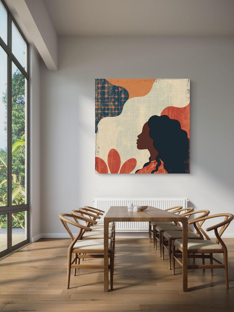May include: Abstract art print featuring a woman's silhouette with long dark hair, set against a background of geometric shapes in shades of blue, orange, and red.