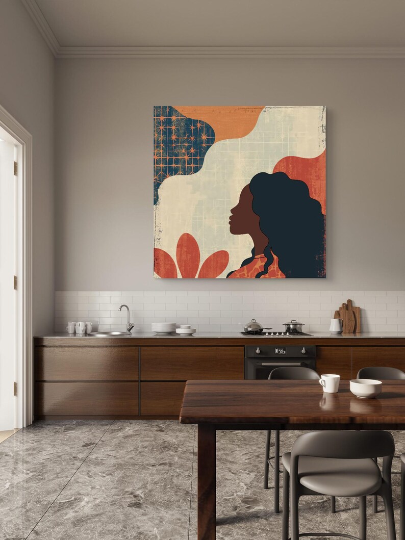 May include: Abstract art print featuring a woman's silhouette with long dark hair against a background of geometric shapes in shades of orange, blue, and white.