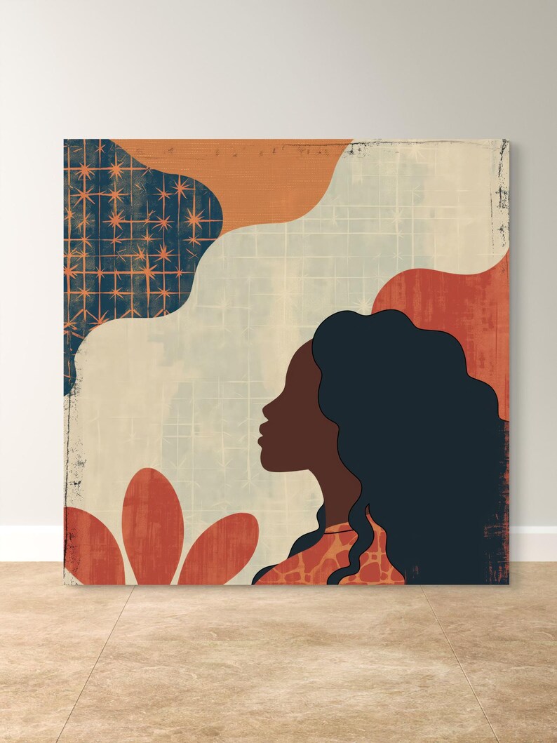 May include: Abstract art print featuring a woman's silhouette with long dark hair, a red and orange flower, and a geometric pattern in blue and orange.