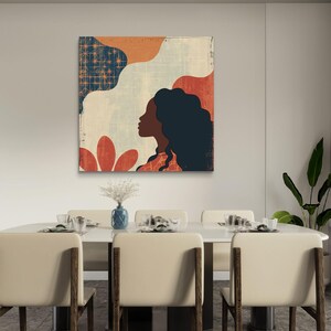 May include: Abstract art print featuring a woman's silhouette with a colorful background of orange, blue, and red. The print has a vintage, distressed look.