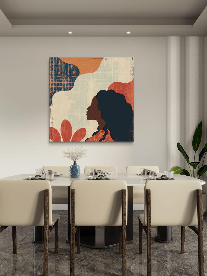 May include: Abstract art print featuring a woman's silhouette with a colorful background of orange, blue, and red. The print has a vintage, distressed look.