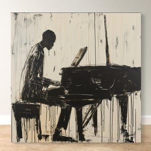 Klavier Wandkunst - Abstrakte schwarze Pianist Leinwand, modernes minimalistisches Jazz-Dekor, Vintage Musik Poster Stil Kunstwerk