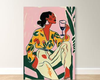 Me Time, Vibrant Afrocentric Woman Wall Art - Canvas Print - Bold Abstract Feminine Decor - woman with wine glass, | Gift for Mom