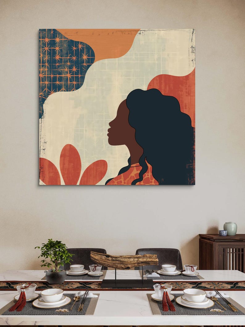 May include: Abstract art print featuring a woman's profile with long dark hair, set against a background of geometric shapes in shades of blue, orange, and red.
