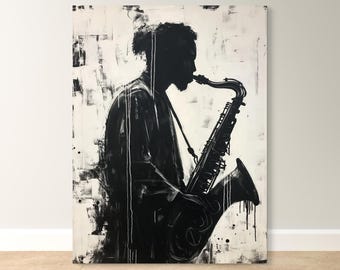 Abstract Jazz Saxophone Canvas Print, Black and White Musician Art
