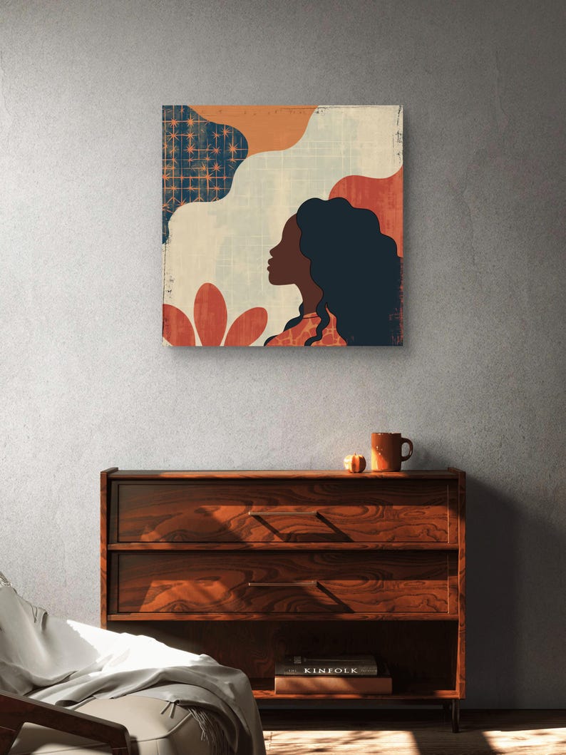 May include: Abstract art print featuring a woman's profile with long dark hair, set against a background of geometric shapes in shades of blue, orange, and red.