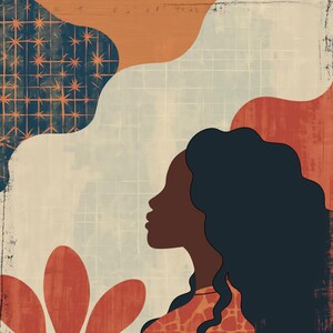 May include: A digital illustration of a woman with long, dark hair. She is facing to the right and has a brown skin tone. The background is a mix of orange, blue, and white abstract shapes.