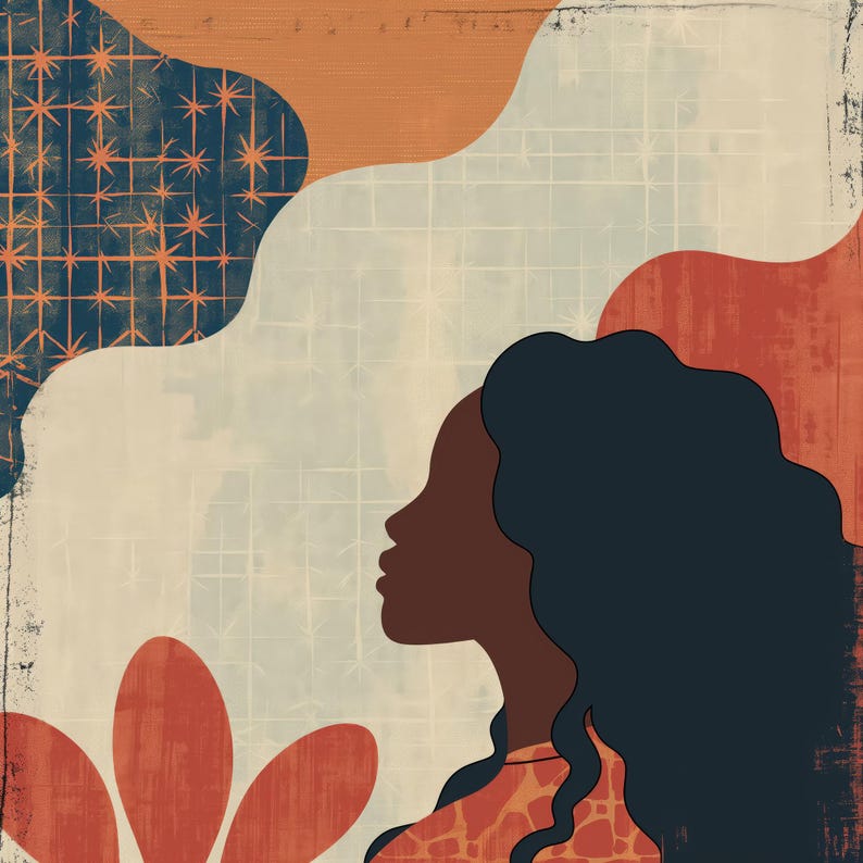 May include: A digital illustration of a woman with long, dark hair. She is facing to the right and has a brown skin tone. The background is a mix of orange, blue, and white abstract shapes.