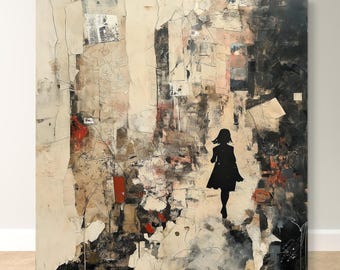 May include: Abstract painting with a silhouette of a person walking through a textured, layered background with shades of brown, white, and black.