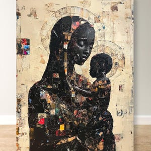 ブラックマドンナ アフロセントリック ウォールアート - 母と子のプリント、アフリカ系アメリカ人の宗教的装飾、スピリチュアルキャンバス、黒人の遺産ギフト