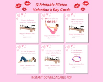 May include: A collection of 12 printable Pilates Valentine's Day cards. Each card features a Pilates-themed illustration and a Valentine's Day message. The cards are on a pink background with red lips and hearts.