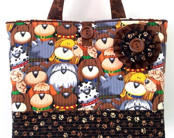 Haute Dogs - Large Beach Bag Market Tote Shopper Everyday Purse Brown Tan Cotton Cloth Quilted Fabric Handbag for Dog Lovers by Calico Caps®