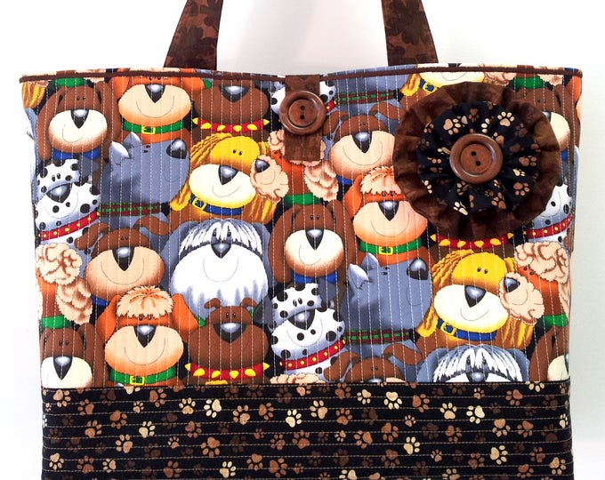 Featured listing image: Haute Dogs - Large Beach Bag Market Tote Shopper Everyday Purse Brown Tan Cotton Cloth Quilted Fabric Handbag for Dog Lovers by Calico Caps®
