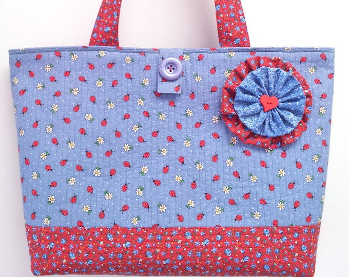 Featured listing image: Ladybug Blue - Large Beach Bag Market Tote Shopper Everyday Purse - Pretty Red White and Blue Calico Print Quilted Handbag by Calico Caps®