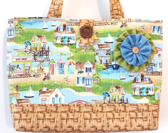 Featured listing image: Summer Times - Large Beach Bag Market Tote Quilted Handbag - Scenic Beachy Nostalgic Seaside Cottage Life print fabric Purse by Calico Caps®
