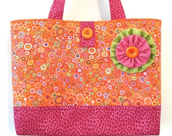 Tangerine Dream - Big Quilted BEACH BAG Orange Pink & Green - Made with Kaffe Fassett Paperweight Print and Hot Pink Leopard by Calico Caps®