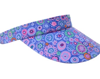 Blue Moon - Womens Ladies 100% Cotton SUN Visor - Blue Purple Pink + Teal Jade Seafoam Green Orange Circles Dots Stars by Calico Caps®