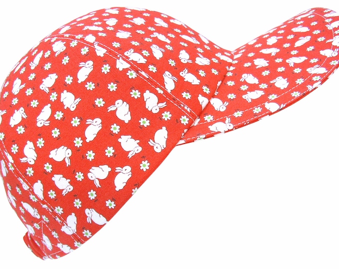Featured listing image: Bunny Blush - Red and White Allover Bunny Rabbit Print Baseball Ball Cap White Bunnies Little White Green Flowers Spring Hat by Calico Caps®