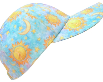 The Bright Side - Sun Crescent Moon Star Print Baseball Ball Cap Blue Yellow - Dream Believe Smile Shine Laugh by Calico Caps® Size Large