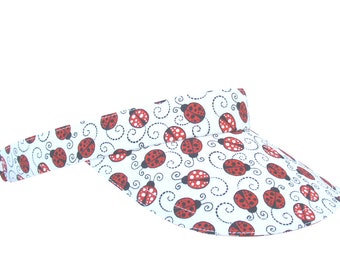 Lucky Ladybug - Black White & Red Allover Lady Bug Print SUN VISOR with Polka Dot Ladybugs - Sports Fashion Lucky Golf Hat by Calico Caps®