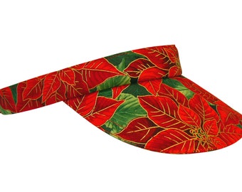 Winter Garden - Red Green Gold Poinsettia Print Floral SUN Golf Visor - Fancy Christmas Theme Holiday Sports Fashion Hat by Calico Caps®