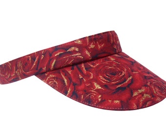 Golden Rose - Floral Print SUN Visor - Dark Red Roses Gold Metallic Highlights Glam Lux Fancy Wine Maroon Sports Fashion Hat by Calico Caps®