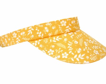 Hello Sunshine - Sunglo Marigold Yellow & White Flowers Floral Calico Print SUN Golf Visor Ladies Summer Fashion Sports Hat by Calico Caps®