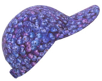 Blueberry Hill - SMALL - Cobalt Sapphire Blue & Purple All Over Blueberries Fruit Print Baseball Ball Cap Foodie Fashion Hat by Calico Caps®