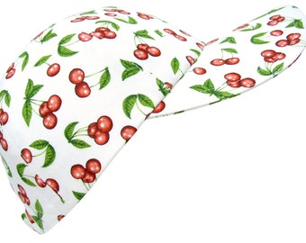 Cherry Lane - Ladies Womens Baseball Ball Cap - Bright Red Cherries and Green Leaves on White - Fun Fruit Print Fashion Hat by Calico Caps®