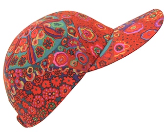 Hot Fiore - OSFMost - Red Millefiore Print Baseball Ball Cap made with Kaffe Fassett fabric Red Indigo Teal Blue Fashion Hat by Calico Caps®