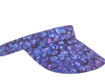 Blueberry Hill - Cobalt Sapphire Blue Purple All Over Blueberries Print SUN Golf Visor Fresh Fruit Sports Fashion Foodie Hat by Calico Caps®