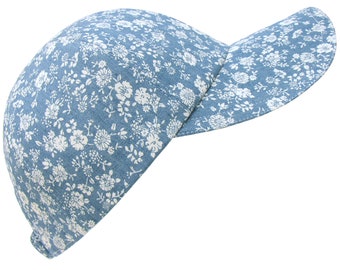 Denim Daisies - Floral Print Baseball Ball Cap Blue & White all over Wildflower Flower print - 100% Cotton Hat by Calico Caps® - Adult SMALL