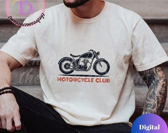 May include: A white t-shirt with a vintage motorcycle graphic and the text "Motorcycle Club" in red and blue.