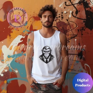 以下が含まれることがあります： スーツとネクタイを着た猿の白黒イラストが特徴の白いタンクトップ。タンクトップは人が着用しています。背景は「Digital Products」というテキストが入ったカラフルな抽象的なデザインです。