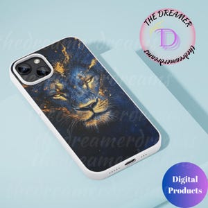 May include: A white phone case featuring a colourful lion graphic. The lion's face is central to the design, with a blue and gold colour scheme. The case has a black background with a galaxy-like pattern.