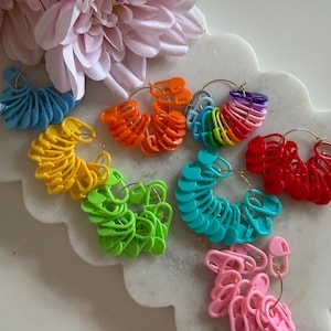 Puede incluir: Una colección de aros metálicos circulares, cada uno con un grupo de pequeños marcadores de puntos de plástico bloqueables en varios colores sólidos, incluyendo azul, amarillo, naranja, verde, rojo, rosa y un surtido arcoíris.