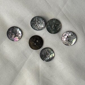 May include: Six decorative buttons are displayed. Five are iridescent with a floral pattern and two holes. One is brown and plain. The buttons are arranged on white fabric.