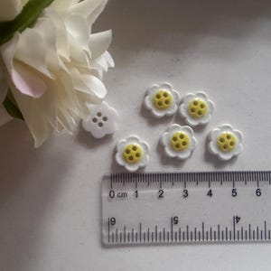 May include: White daisy-shaped buttons with yellow centres are arranged near a ruler. The buttons have a flower design with six petals. A white flower is in the upper left corner. The ruler shows measurements in centimetres.
