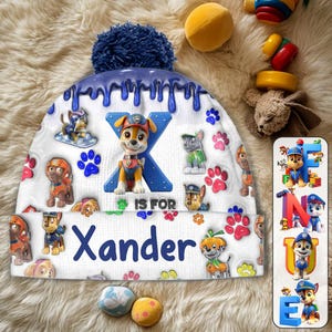 Patrol Dog Personalized Beanie Hat for Kid, Blue Dog Team Knitted Winter Hat with Pompom, Kid Cartoon Dogs Beanie Gift for Boy Girl kid5328