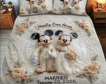 Ensemble de courtepointe personnalisé couple marié, ensemble matelassé Happy Ever After, cadeau d'oreiller souris anniversaire d'amour housse de couette ipatudsn20531