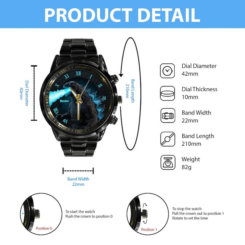 K&ouml;nnte beinhalten: Schwarze Armbanduhr mit Godzilla-Grafik auf dem Zifferblatt. Die Uhr hat einen Zifferblattdurchmesser von 42 mm, eine Bandbreite von 22 mm und eine Bandl&auml;nge von 210 mm. Die Uhr wiegt 82 g.